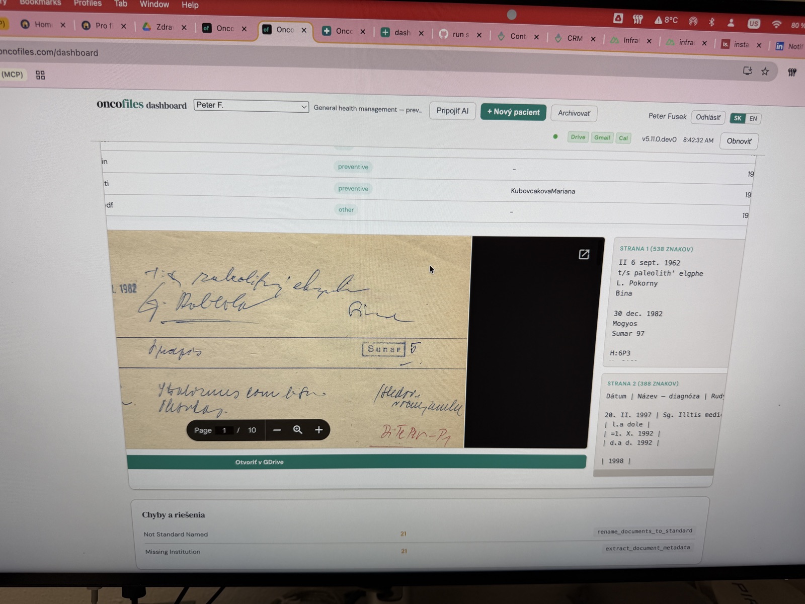 Oncofiles dashboard showing OCR extraction of a 1982 handwritten Slovak doctor's note, page-by-page structured text